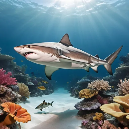 Prompt: A photorealistic tigershark in a tropical reef