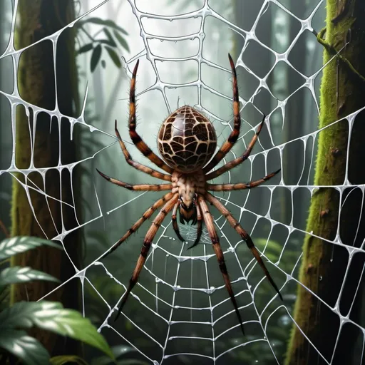 Prompt: Photorealistic big spider sitting in a spidernet in rainforrest