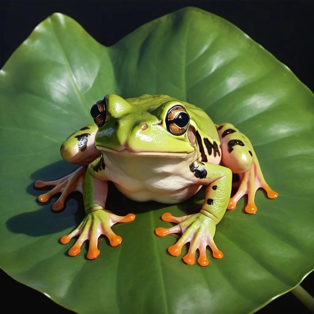 Prompt: A photorealistic green frog on a lotosleaf