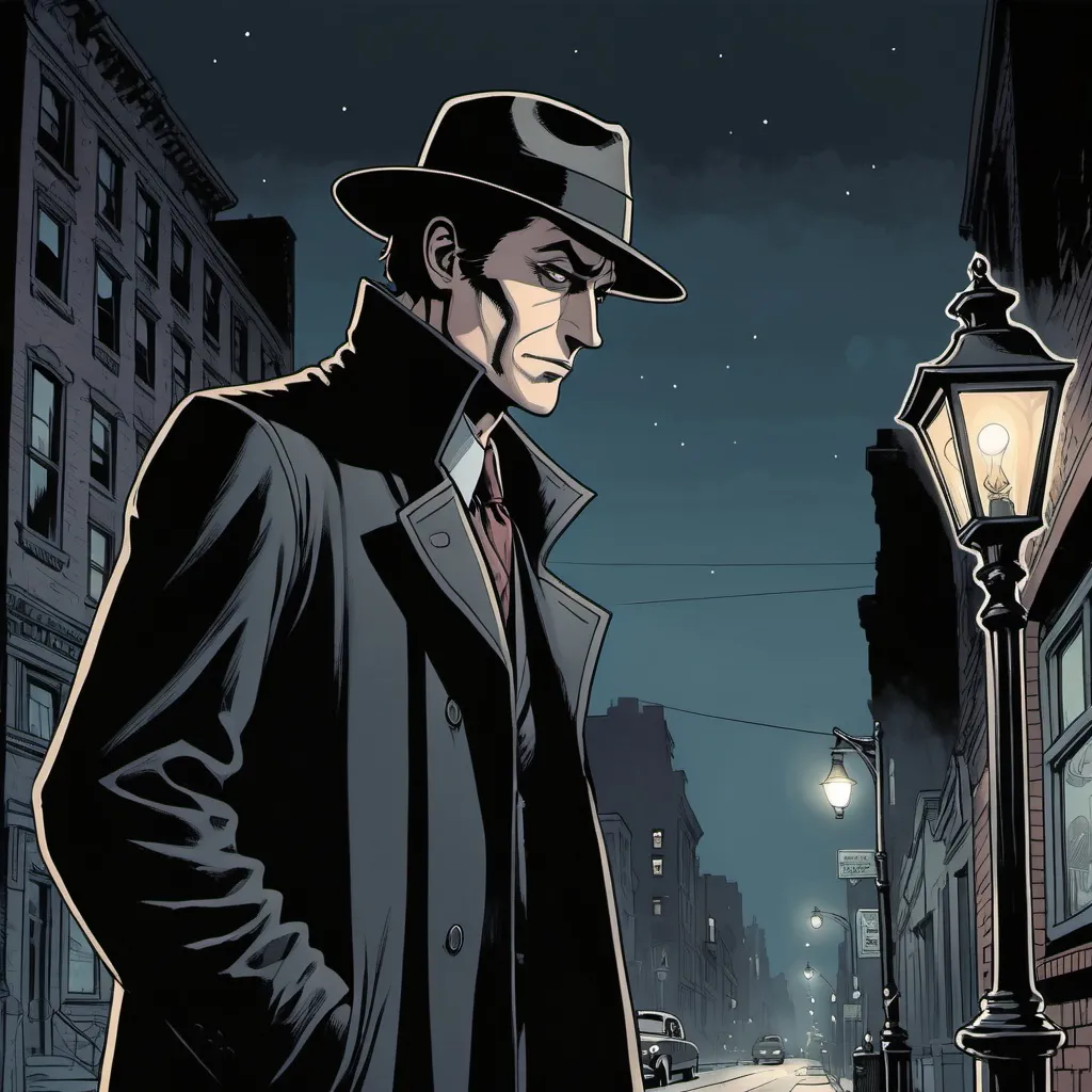 Prompt: mysterious, black long coat, black fedora, new York at night, standing by a street light, detailed,  dark colors, dramatic, graphic novel illustration,  2d shaded retro comic book, 