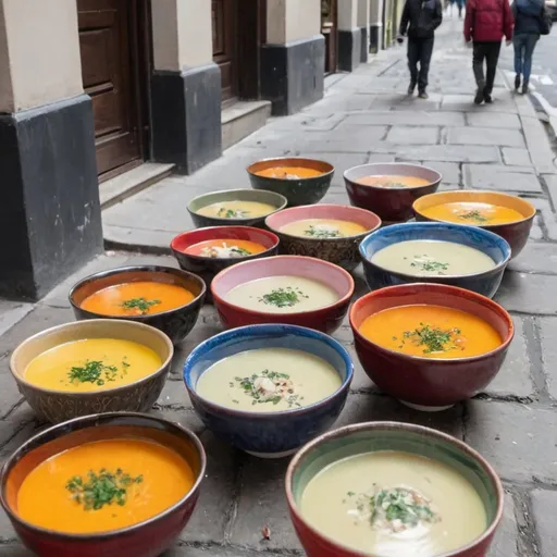 Prompt: soup bowls in the street