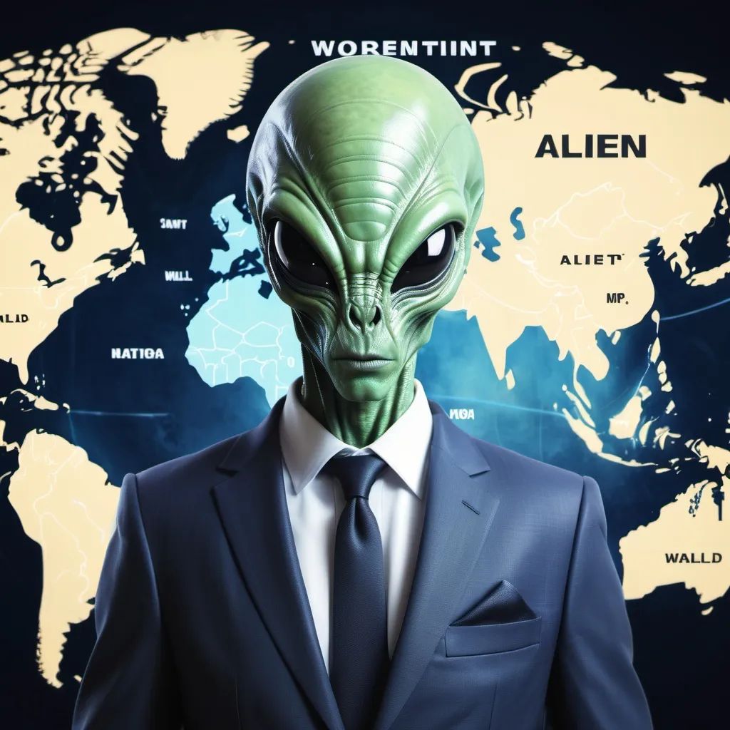 Prompt: alien wearing suit world map background alien  text on continent