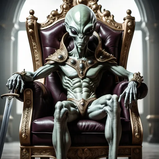 Prompt: alien in king clothes setting in king chair sword in hand