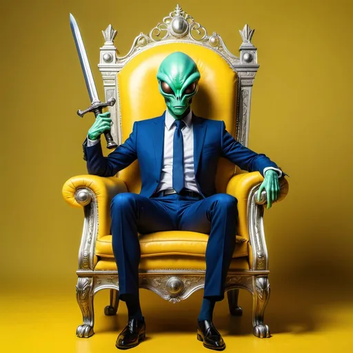 Prompt: alien in suit setting on king chair sword in hand with yellow background