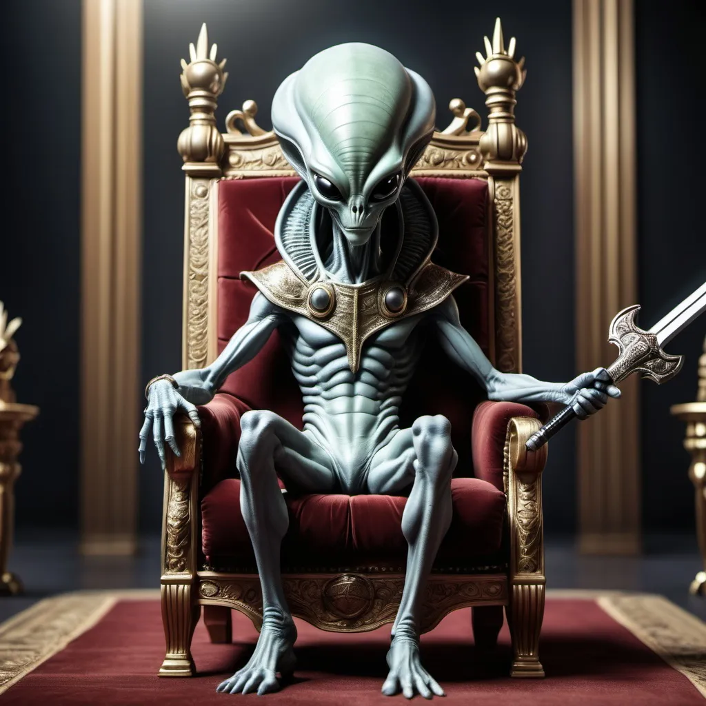 Prompt: alien in king clothes setting in king chair sword in hand