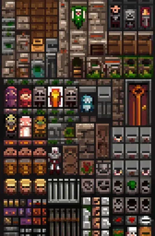 Prompt: I need a medieval tilesets thats darken for   a Game like Castlevania and hollow knight 64x64, more than 100 tiles, no copyright, 2D Game images, images of npcs, monsters, players, adds