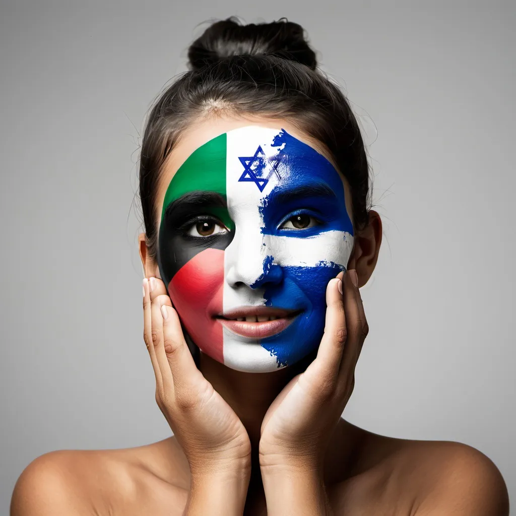 Prompt: holding earth
with face paint of palestine and israel flag