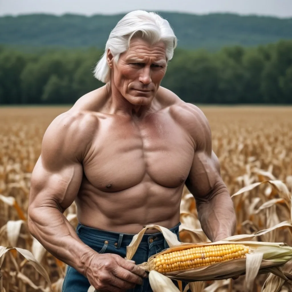 Prompt: Muscular old man who looks like Christopher Reeves with white hair and bear planting corn in field with emphasis on his sweating muscles