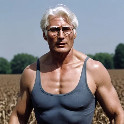 Prompt: Muscular old man who looks like Christopher Reeves with white hair and glasses sowing a field, with emphasis on his sweating muscles.