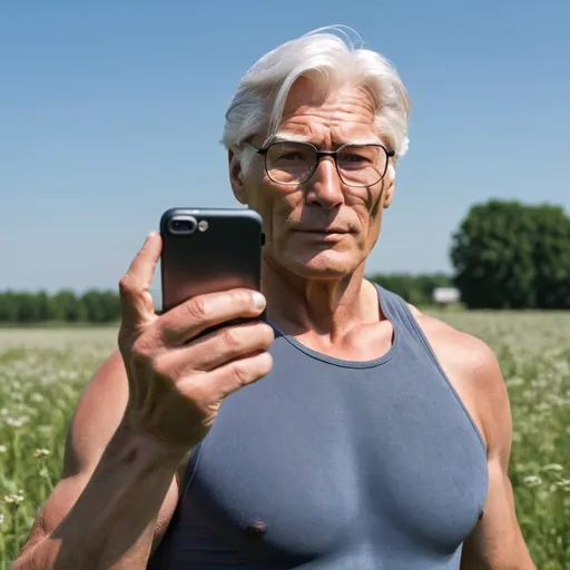 Prompt: Muscular old man who looks like Christopher Reeves with white hair and glasses, in a field in early summer, taking a picture of the viewer with his iPhone 7, with emphasis on the man's sweating muscles.