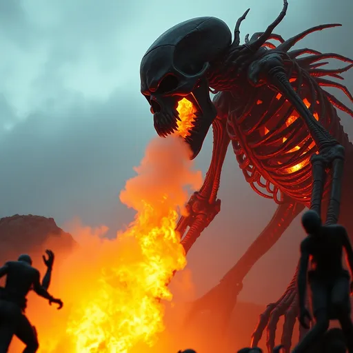 Prompt: an image of a monster with smoke coming out of its mouth in the middle of, scene from the movie prometheus, prometheus, prometheus (2012), frame from prometheus movie, volcanic skeleton, scene from prometheus movie, fire golem creature, erebos’s titan, still frame from prometheus, vfx art, doomsday, concept art of god, towering giant made of zombies, humanoid creature, prometheus alien engineering, golem, apocalypse art!!!!, gollum as a titan, apocalypse art, humanoid form