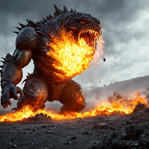 Prompt: a close up of a monster with fire coming out of it, cgi special effects, sci-fi movie still, vfx render, giant sentinel crashed on earth, vfx action shot, cg art, vfx art, amazing octane render, doomsday, profile picture, octane render”, octane render ”, dramatic sci-fi movie still, korg from thor as a soldier