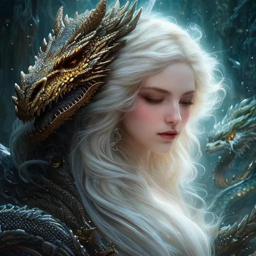 Prompt: (exquisite detail:1.2), (fantasy portrait:1.3), stunning young woman with long white  hair, skin glowing in the ethereal light, tenderly leaning against a large dragon, set in a dark fantasy realm with intricate details that breathe life into the scene, incorporating the unique artistic essence of Jean Baptiste Monge, Carne Griffiths, Michael Garmash, and seb McKinnon, an expertly crfted masterpiece, beauty, awe,
