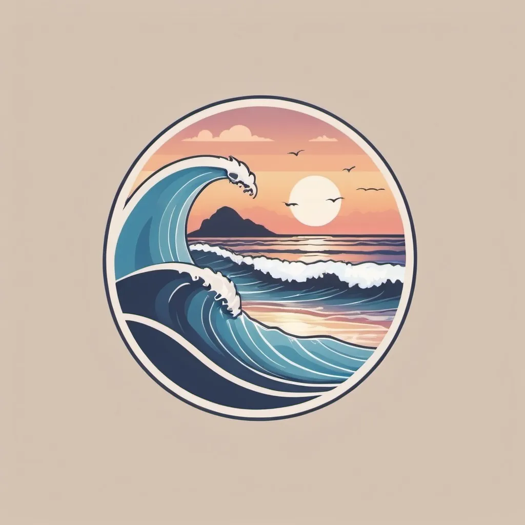 Prompt: Give me a round logo that contains beach and waves with dusk theme color and also there is ENJOY BALI word