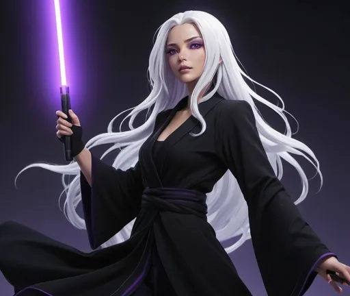 Prompt: Anime-style action still of slender tanned woman with long flowing white-hair dressed in all-black modest robes, dynamic pose, holding single purple lightsaber, intense expression, dark black eyes, sleek anime design, highres, professional, vibrant colors, dark Empire background, dramatic lighting, action-packed scene, Disney style, detailed modest outfit