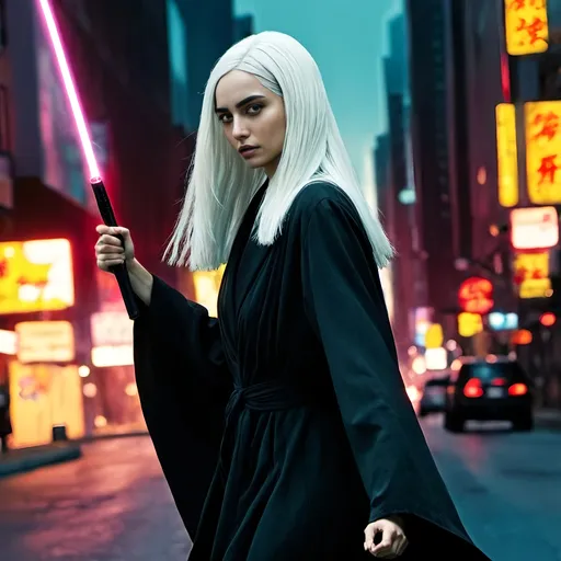 Prompt: cyberpunk comic book action still of very slender Ana de Armas, super long flowing white-hair, dressed in all-black modest robes, dynamic pose, holding single purple lightsaber, highres, professional, vibrant colors, dark cyberpunk city background, dramatic lighting, action-packed scene, cyberpunk style, detailed modest Sith outfit