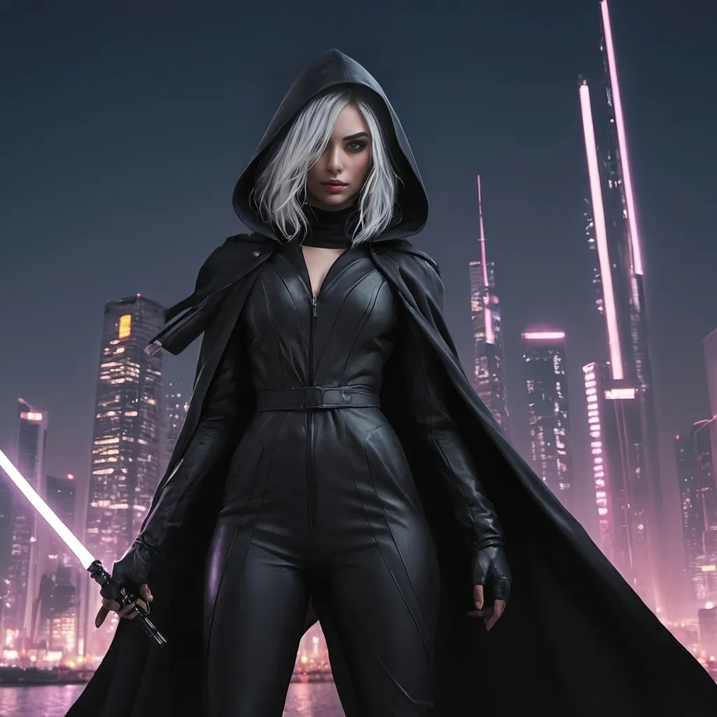 Prompt: cyberpunk comic book action still of very slender Ana de Armas, femme fatale, super long flowing white-hair, dressed in all-black modest hooded robes, dynamic pose, holding single purple lightsaber, highres, professional, dark cyberpunk night city skyline background, dramatic lighting, action-packed scene, cyberpunk style, detailed modest Sith outfit