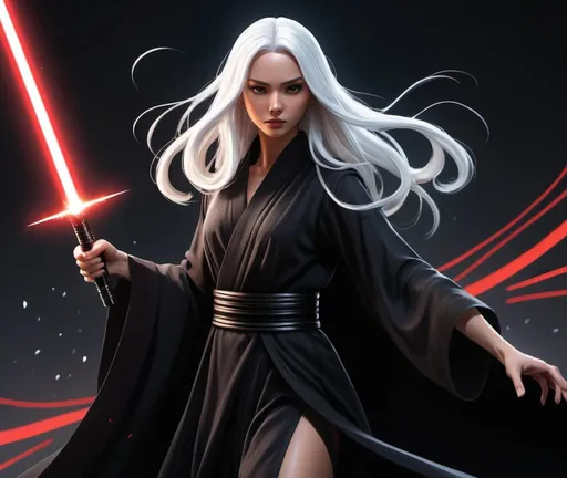 Prompt: Anime-style action still of slender tanned woman with long flowing white-hair dressed in all-black modest robes, dynamic pose holding a red lightsaber, intense expression, dark black eyes, sleek anime design, highres, professional, vibrant colors, dark Empire background, dramatic lighting, action-packed scene, Disney style, detailed modest outfit