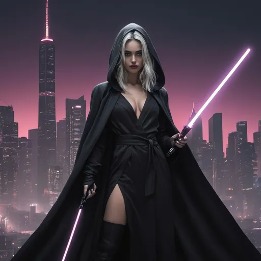 Prompt: cyberpunk comic book action still of very slender Ana de Armas, femme fatale, super long flowing white-hair, dressed in all-black modest hooded robes, dynamic pose, holding single purple lightsaber, highres, professional, dark cyberpunk night city skyline background, dramatic lighting, action-packed scene, cyberpunk style, detailed modest Sith outfit