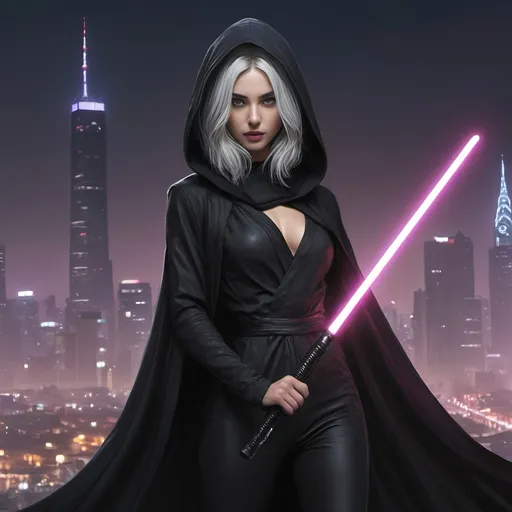 Prompt: cyberpunk comic book action still of very slender Ana de Armas, femme fatale, super long flowing white-hair, dressed in all-black modest hooded robes, dynamic pose, holding single purple lightsaber, highres, professional, dark cyberpunk night city skyline background, dramatic lighting, action-packed scene, cyberpunk style, detailed modest Sith outfit