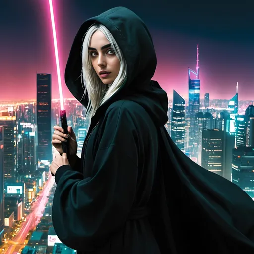 Prompt: cyberpunk comic book action still of very slender Ana de Armas, super long flowing white-hair, dressed in all-black modest hooded robes, dynamic pose, holding single purple lightsaber, highres, professional, dark cyberpunk night city skyline background, dramatic lighting, action-packed scene, cyberpunk style, detailed modest Sith outfit