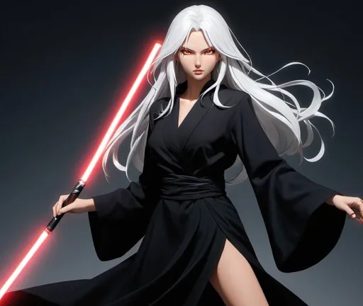 Prompt: Anime-style action still of slender long white-haired tanned woman in all-black modest robes, dynamic pose holding a red lightsaber, intense expression, dark black eyes, sleek anime design, highres, professional, vibrant colors, dark Empire background, dramatic lighting, action-packed scene, Disney style, detailed modest outfit