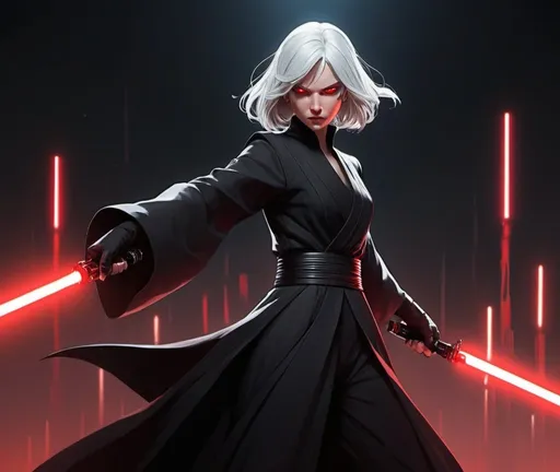 Prompt: Anime-style action still of slender white-haired tanned woman in all-black modest robes, dynamic pose holding a red lightsaber, intense expression, dark black eyes, sleek anime design, highres, professional, vibrant colors, dark Empire background, dramatic lighting, action-packed scene, Disney style, detailed modest outfit