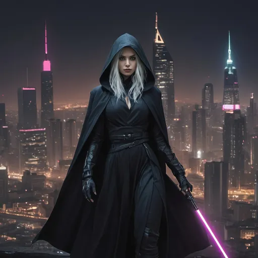 Prompt: cyberpunk comic book action still of very slender Ana de Armas, femme fatale, super long flowing white-hair, dressed in all-black modest hooded robes, dynamic pose, holding single purple lightsaber, highres, professional, dark cyberpunk night city skyline background, dramatic lighting, action-packed scene, cyberpunk style, detailed modest Sith outfit