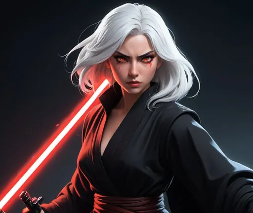 Prompt: Anime-style action still of white-haired tanned woman in all-black modest robes, scar on her eyebrow, dynamic pose holding a red lightsaber, intense expression, black eyes, sleek anime design, highres, professional, vibrant colors, dark Empire background, dramatic lighting, action-packed scene, Disney style, detailed modest outfit