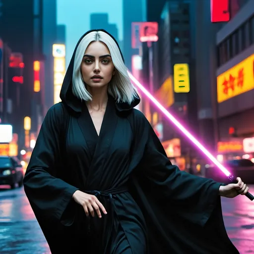 Prompt: cyberpunk comic book action still of very slender Ana de Armas, super long flowing white-hair, dressed in all-black modest robes, dynamic pose, holding single purple lightsaber, highres, professional, vibrant colors, dark cyberpunk city background, dramatic lighting, action-packed scene, cyberpunk style, detailed modest Sith  outfit