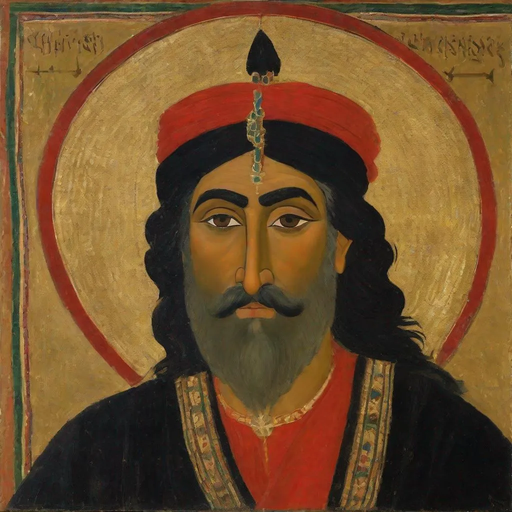 Prompt: a postimpressionist style portrait of Sahruz, the Phoenician Shah in 1103-1119, Sahruz has long black hair, and a long black mustache, a red turban on his head, and a black robe