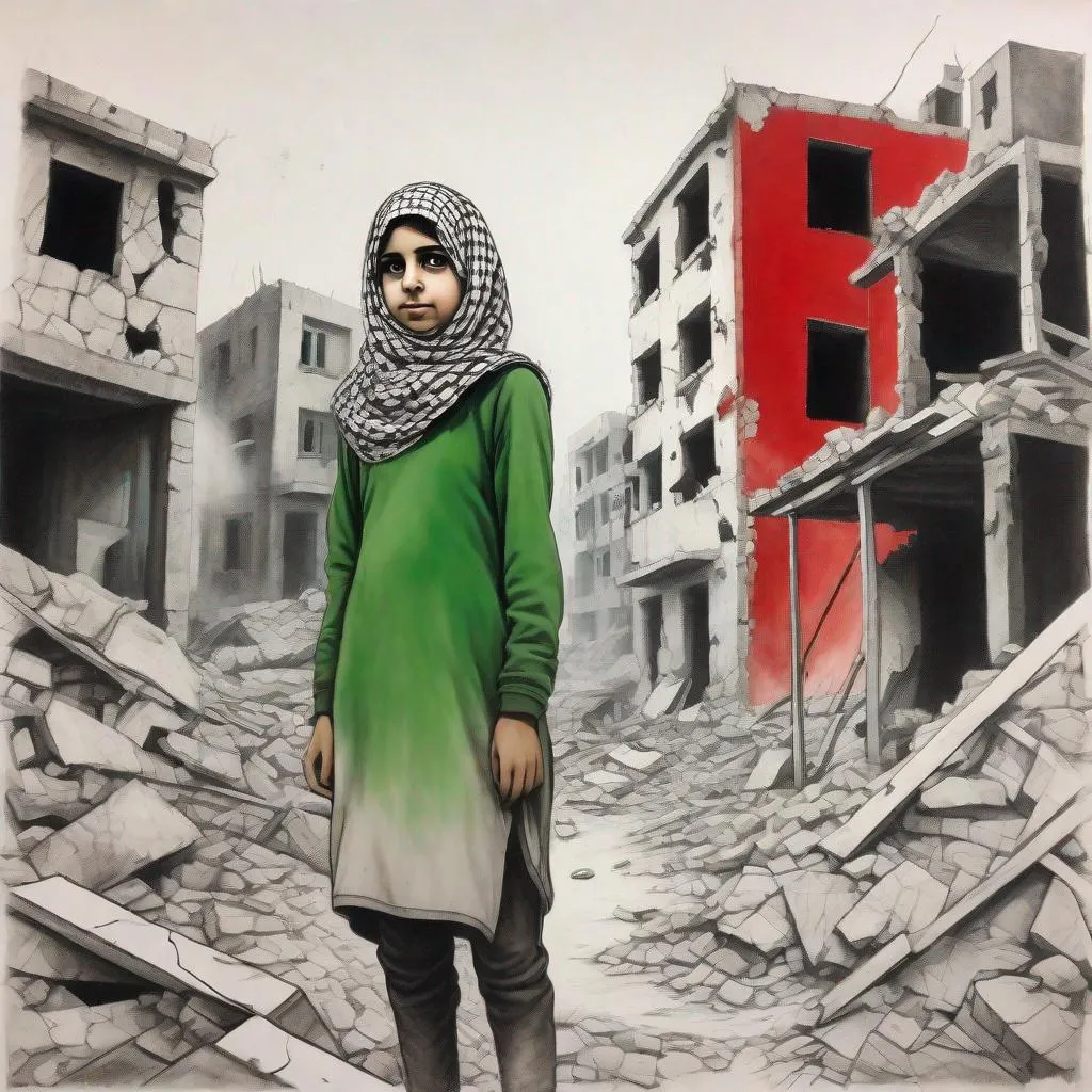 Prompt: a drawing of (a Palestinian girl: 1.5) , Arab wearing Keffiyeh , (standing tall among the rubbles : 1) facing camera ,  (surrounded by destroyed houses , smoke, background : 0.5) , low angle  view,  graphite painting , [white : red : green : black] , clear sharp contours , mute colors palette, by DANIELA UHLIG, high contrast, centered,  8k, HQ, UHD, insanely detailed, hyper realistic, trending on cgsociet