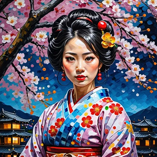 Prompt: Acrylic ink painting, Impasto, palette knife, A beautiful Japanese woman, wearing traditional kimono, under A blossoming cherry tree, at night, Maximalist, UHD, 16K, HQ, insanely detailed and intricate, hyper realistic, in the style of Yayoi Kusama, Leonid Afremov, Victor Vasarely