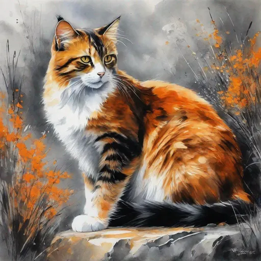 Prompt: An impressionist acrylic ink painting (inside a circle: 1.1), a cat crouching on a rock , Savannah vegetation, ink wash, [orange : black : white ], blending, by Christian Riese Lassen and Leonid Afremov, centered,16k, HQ, UHD, highly detailed, trending on cgsociet