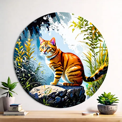 Prompt: An impressionist acrylic ink painting (inside a circle: 1.1), a cat crouching on a rock, vegetation, ink wash, [orange : black : white ], blending, by Christian Riese Lassen and Leonid Afremov, centered,16k, HQ, UHD, highly detailed, trending on cgsociet