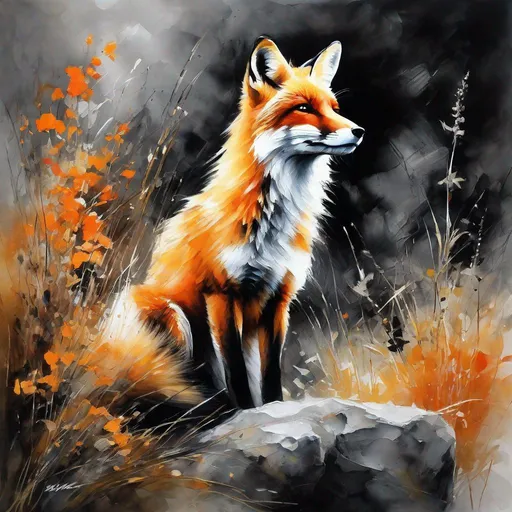 Prompt: [orange : black : white ], An impressionist acrylic ink painting, a beautiful fox crouching on a rock, vegetation, soft brush strokes,  ink wash, blending, by Christian Riese Lassen and Leonid Afremov, centered,16k, HQ, UHD, highly detailed, trending on cgsociet
