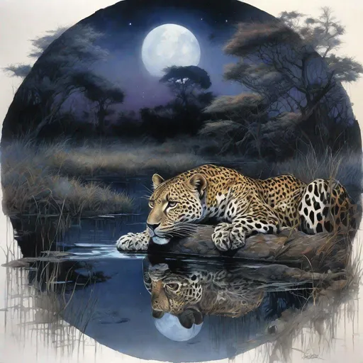 Prompt: dark ambient moonlit landscape, a watercolor painting , serene night, the great Savannah under clear sky, A beautiful leopard drinking from a pond , chromatic tones,  centered, 16K, insanely detailed and intricate, hyper realistic, elegant, perspective, by Christian Riese Lassen and Greg Rutkowski, Jordan Grimmer, Michael Whelan, James Jean