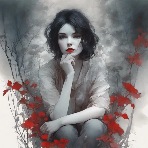 Prompt: Double exposure, a drawing of a beautiful woman with short dark hair , deep eyes and red lips , sitting down among shrubs,  cold colors palette, liquid ink , by Jean Baptiste Monge, Loish Anne Bachelier, high contrast, centered, perspective, 8k, HQ, UHD, insanely detailed, hyper realistic, trending on cgsociet