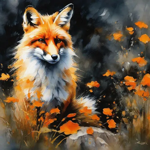 Prompt: An impressionist acrylic ink painting, circular shape, a beautiful fox crouching on a rock, vegetation, , ink wash, [orange : black : white ], blending, by Christian Riese Lassen and Leonid Afremov, centered,16k, HQ, UHD, highly detailed, trending on cgsociet