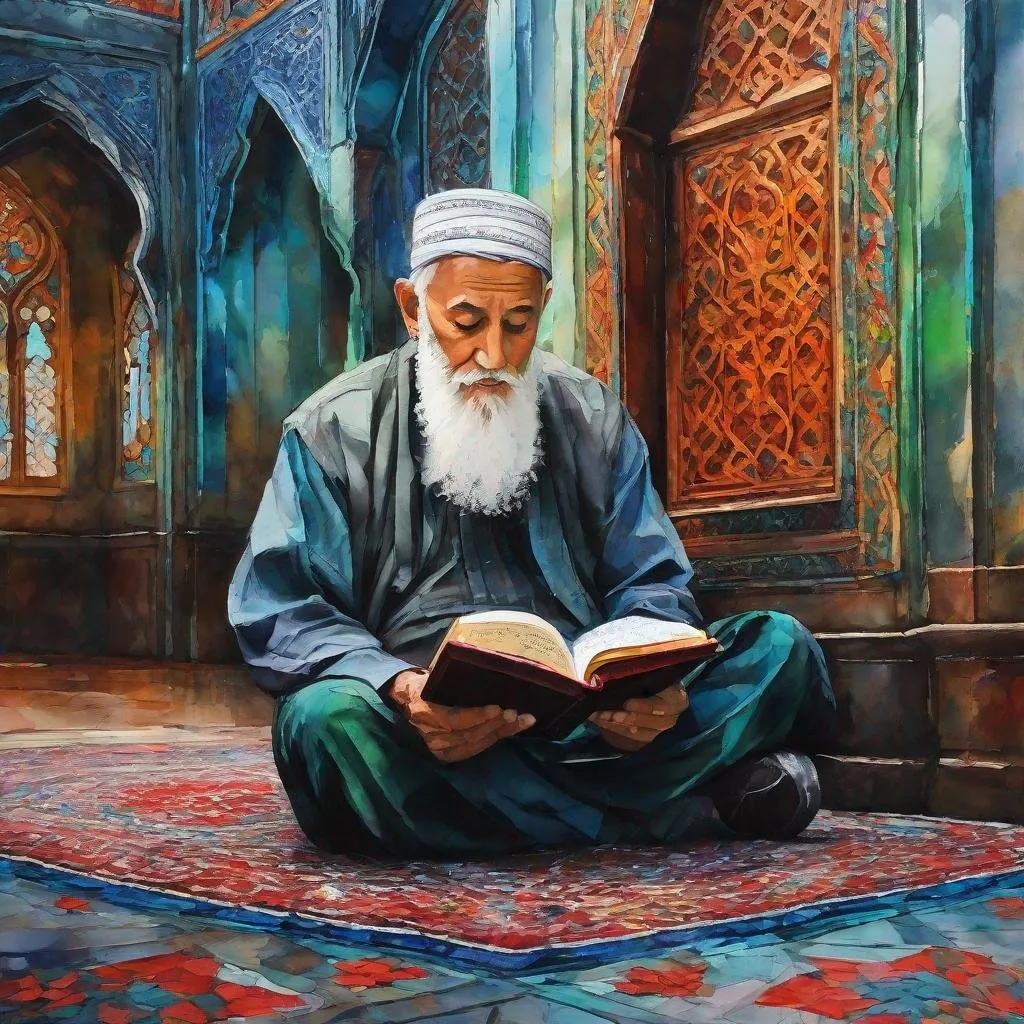 Prompt: An acrylic ink painting of an old man sitting in a mosque reading Quran, grey hair and expressive eyes, vanishing perspective, realist, Open impressionism, expressionist, palette knife, greyish blue shades and red green tones, centered, UHD 16K , HQ, perspective, insanely detailed and intricate, hyper realistic, By Erin Hanson and Leonid Afremov, trending on cgsociet