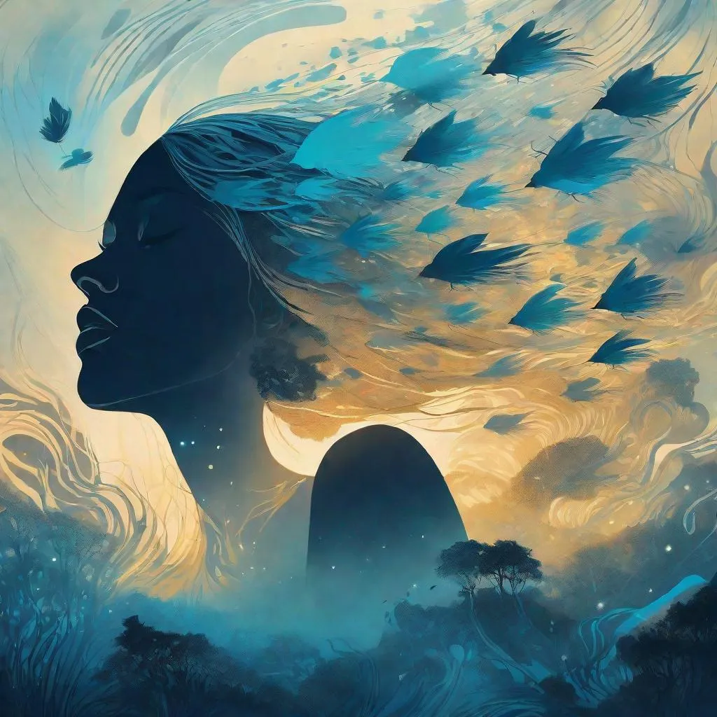 Prompt: Liquid ink illustration , double exposure painting combines an abstract silhouette of a woman and an intricately detailed background landscape , organic shapes, fireflies , Art by Yoan Lossel, Cyril Rolando, Nan Goldin, Lee Bontecou Leusch, backlighting, charcoal and different shades of blue, sticker, ethereality, high contrast, fantasy, dreamy, vector illustration, 2d flat, centered, smooth, modern, minimalistic, graphic, line art, vector graphics