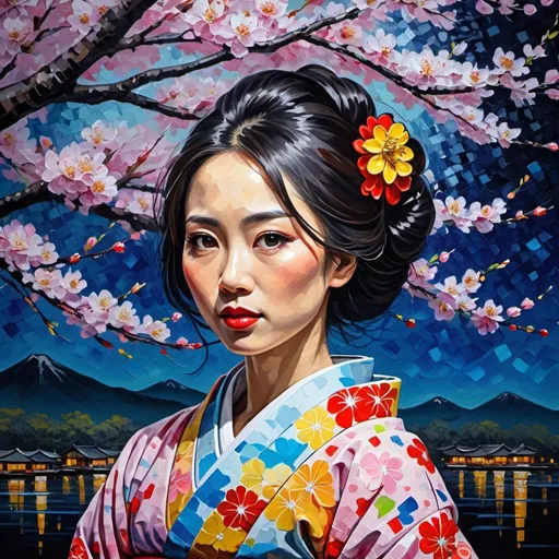 Prompt: Acrylic ink painting, Impasto, palette knife, A beautiful Japanese woman, wearing traditional kimono, under A blossoming cherry tree, at night, Maximalist, UHD, 16K, HQ, insanely detailed and intricate, hyper realistic, in the style of Yayoi Kusama, Leonid Afremov, Victor Vasarely