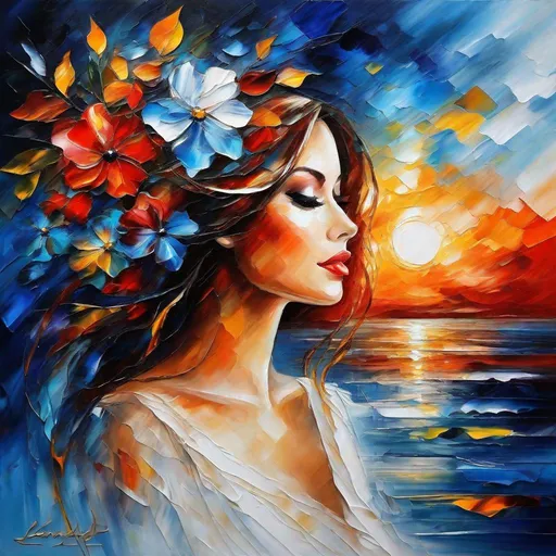 Prompt: An acrylic ink painting, Collage art, a beautiful woman at sunset, Montage, By LEONID AFREMOV, [white : red] shades, [organ: blue] tones , ethereal, centered, 16K, HQ, perspective, insanely detailed and intricate, hyper realistic, trending on cgsociet