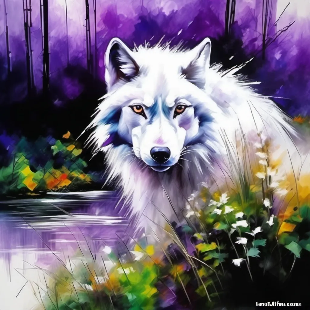 Prompt: a beautiful white (she-wolf : 1.2), wet dripping fur, crouching among (shrubs: 0.7), blurry (landscape: 0.3) in background, [white : black : violet] , An impressionist acrylic ink painting, soft brush strokes, ink wash, by Leonid Afremov, centered,16k, HQ, UHD, highly detailed, nature, trending on cgsociet