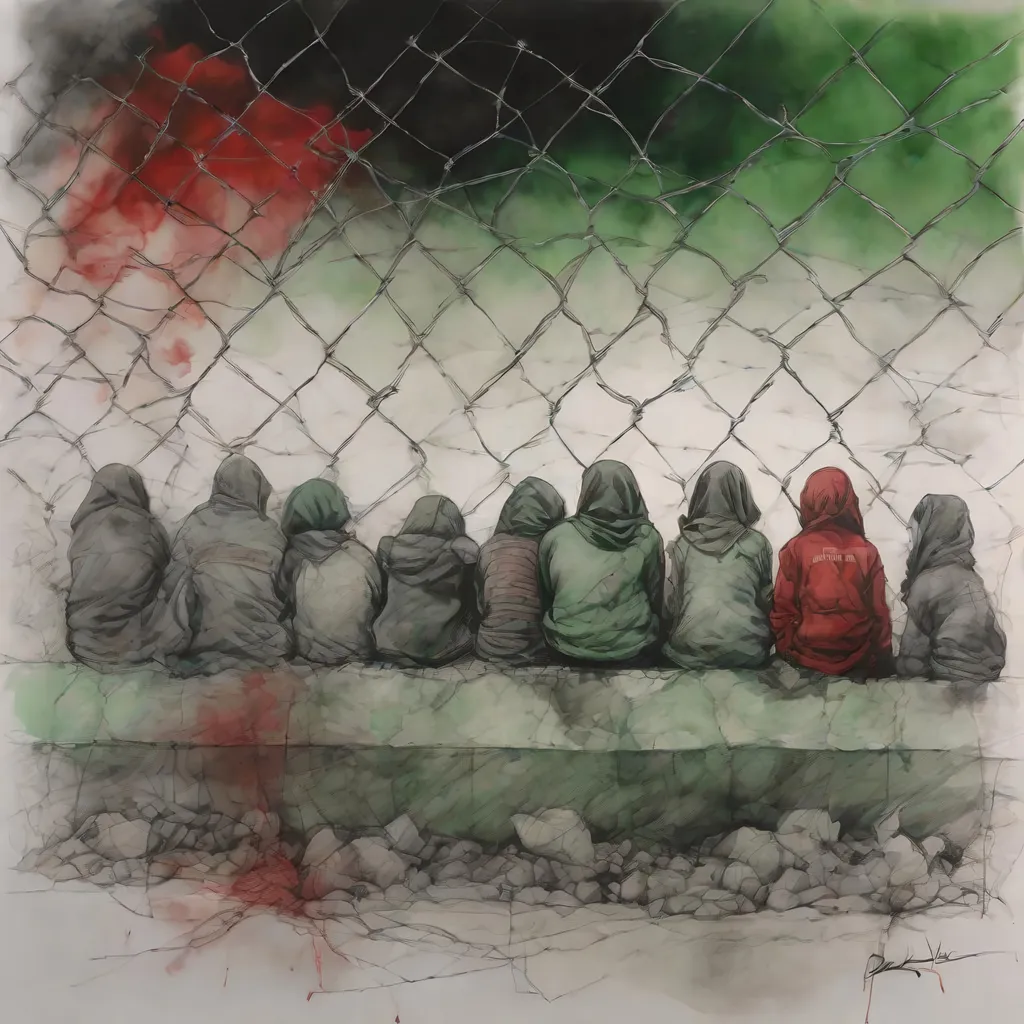 Prompt: a drawing of ( a prison camp : 1.5) , Palestinian  people, women and children sitting among (rubbles : 0.3), Barbed wire ,(background : 0.15) , gloomy  , [ black: green] , mute watercolors, red ink wash , by DANIELA UHLIG, KAROL BAK, high contrast, centered, perspective, 8k, HQ, UHD, insanely detailed, hyper realistic, trending on cgsociet