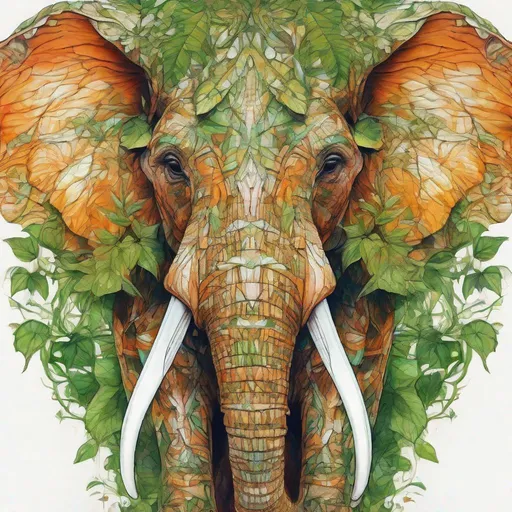 Prompt: a head of a hybrid mythical creature [ forest : elephant : 0.70] , composed of thorns vines leaves vegetation Ives petals  , [white  : green : orange], botanical illustration, ink Ballpoint Pen, centered, UHD,16K, HQ, insanely detailed and intricate, in the style of Christian Riese Lassen and Leonid Afremov