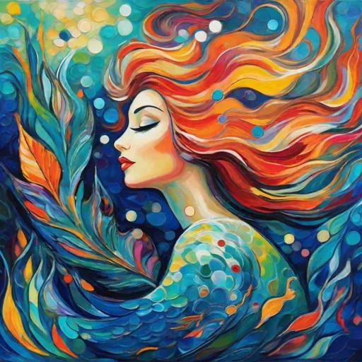 Prompt: Abstract whimsical painting of a beautiful mermaid swimming  in a coral reef, vibrant underwater landscape, hidden object picture, Willowing Art, Hundertwasser style, Picasso style, kubism, Kandinsky Style, klimt style, vivid bright colors , dynamic pose, centered, UHD 16K , HQ