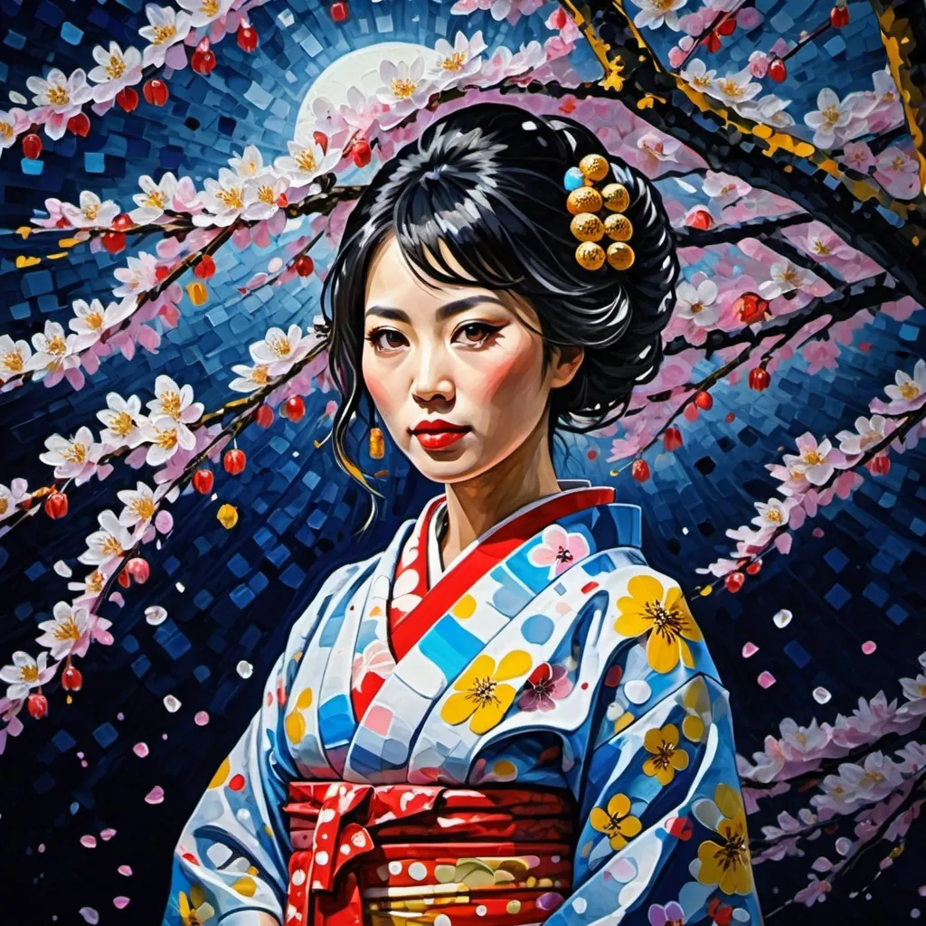Prompt: Acrylic ink painting, Impasto, palette knife, A beautiful Japanese woman, wearing traditional kimono, under A blossoming cherry tree, at night, Maximalist, UHD, 16K, HQ, insanely detailed and intricate, hyper realistic, in the style of Yayoi Kusama, Leonid Afremov, Victor Vasarely