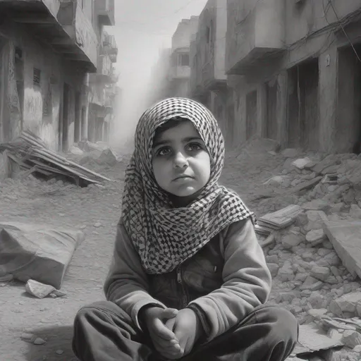 Prompt: graphite pencil drawing of (a little girl : 1.5), Arab, wearing Palestinian Keffiyeh , looking upwards , sitting among the rubbles, smoke (background : 0.5) , mute colors palette, by Hector Gonzales, , Paul Cadden,  centered,  8k, HQ, UHD, insanely detailed, hyper realistic, trending on cgsociet
