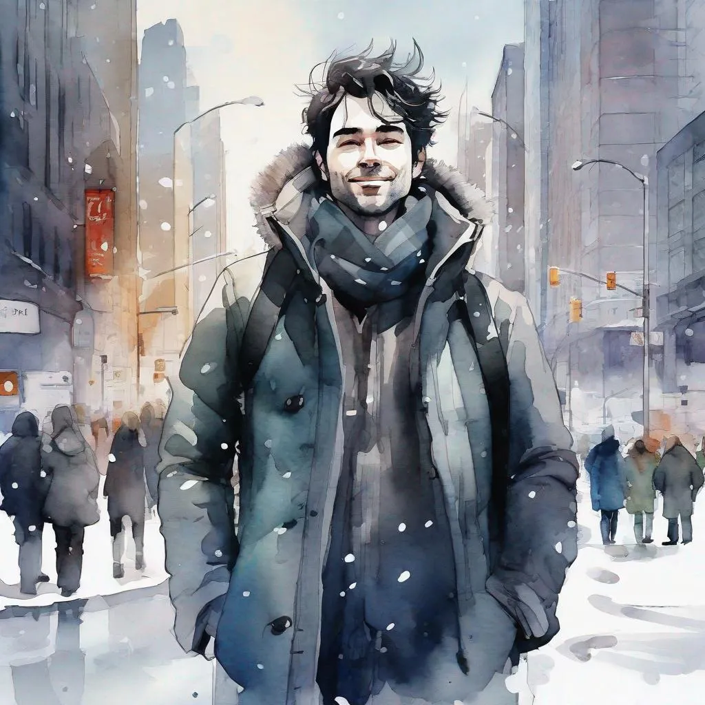 Prompt: a watercolor & ink painting, A (man: 1.2), with cheerful face and 
 disheveled dark hair, standing among faceless (people: 0.9), modern cityscape (background: 0.3) snow, cold atmosphere, centered, 16K, HQ, UHD, digital illustration, trending on cgsociet, by Jordan Grimmer and James Jean